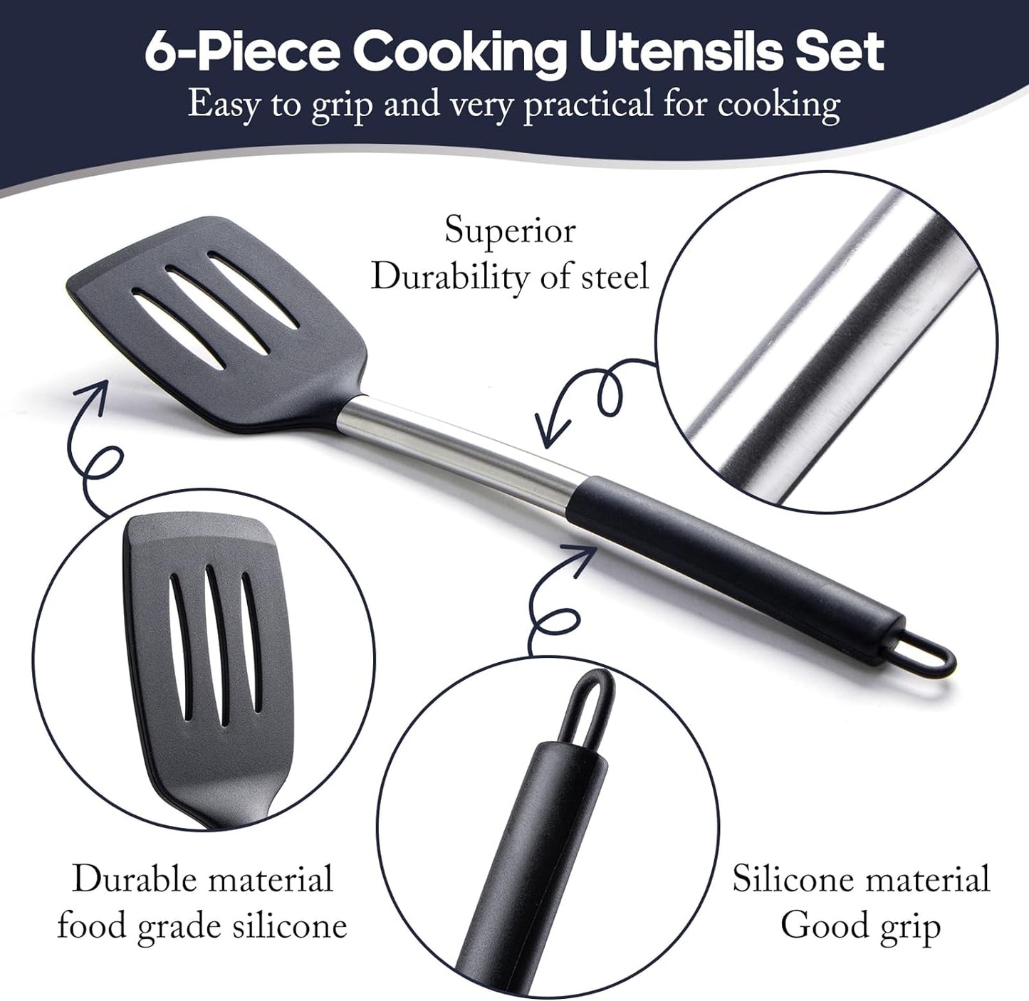Silicone Kitchen Utensils Set - 6-Pieces Black Silicone Cooking Utensils Set for Nonstick Cookware - Stainless Steel Handle