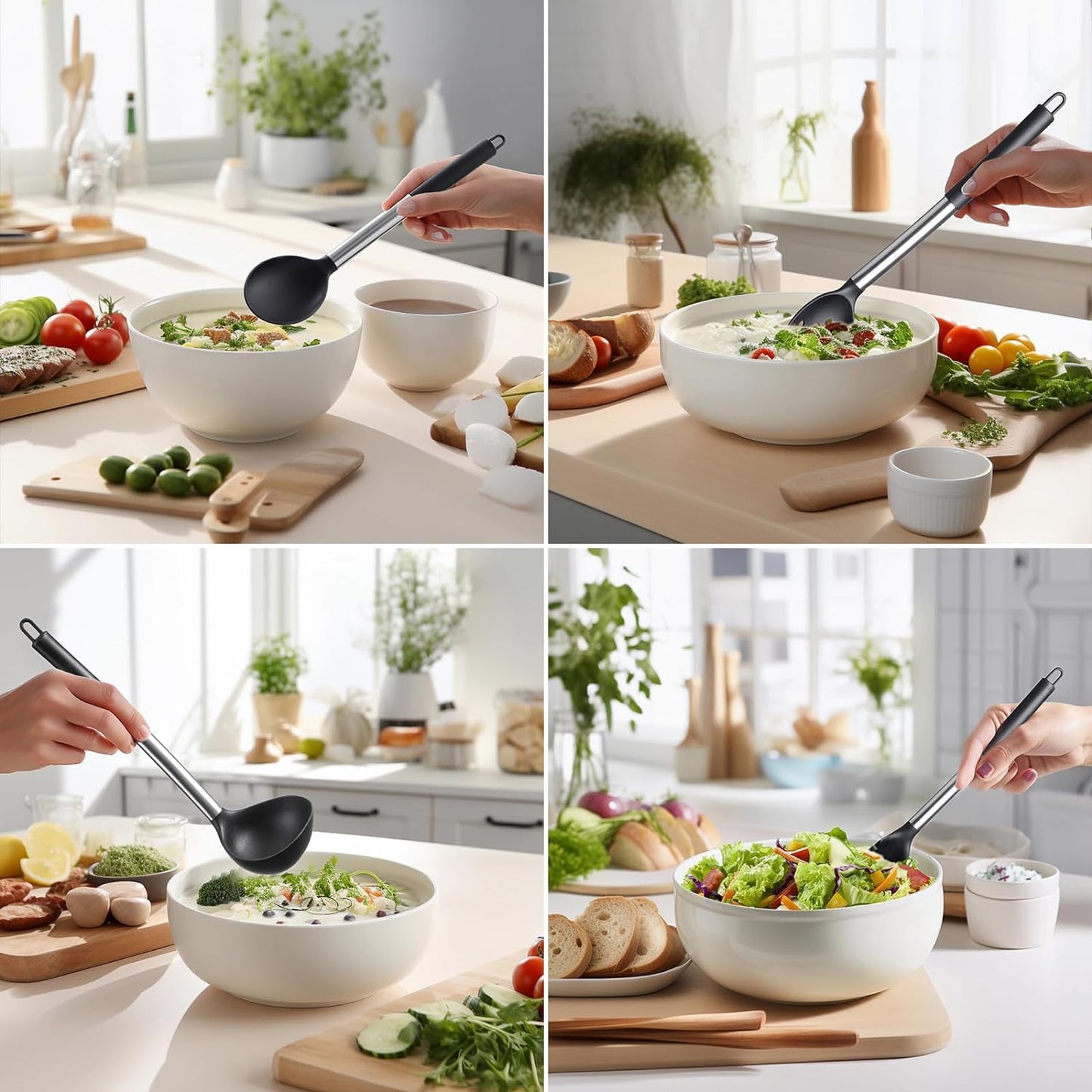 Silicone Kitchen Utensils Set - 6-Pieces Black Silicone Cooking Utensils Set for Nonstick Cookware - Stainless Steel Handle