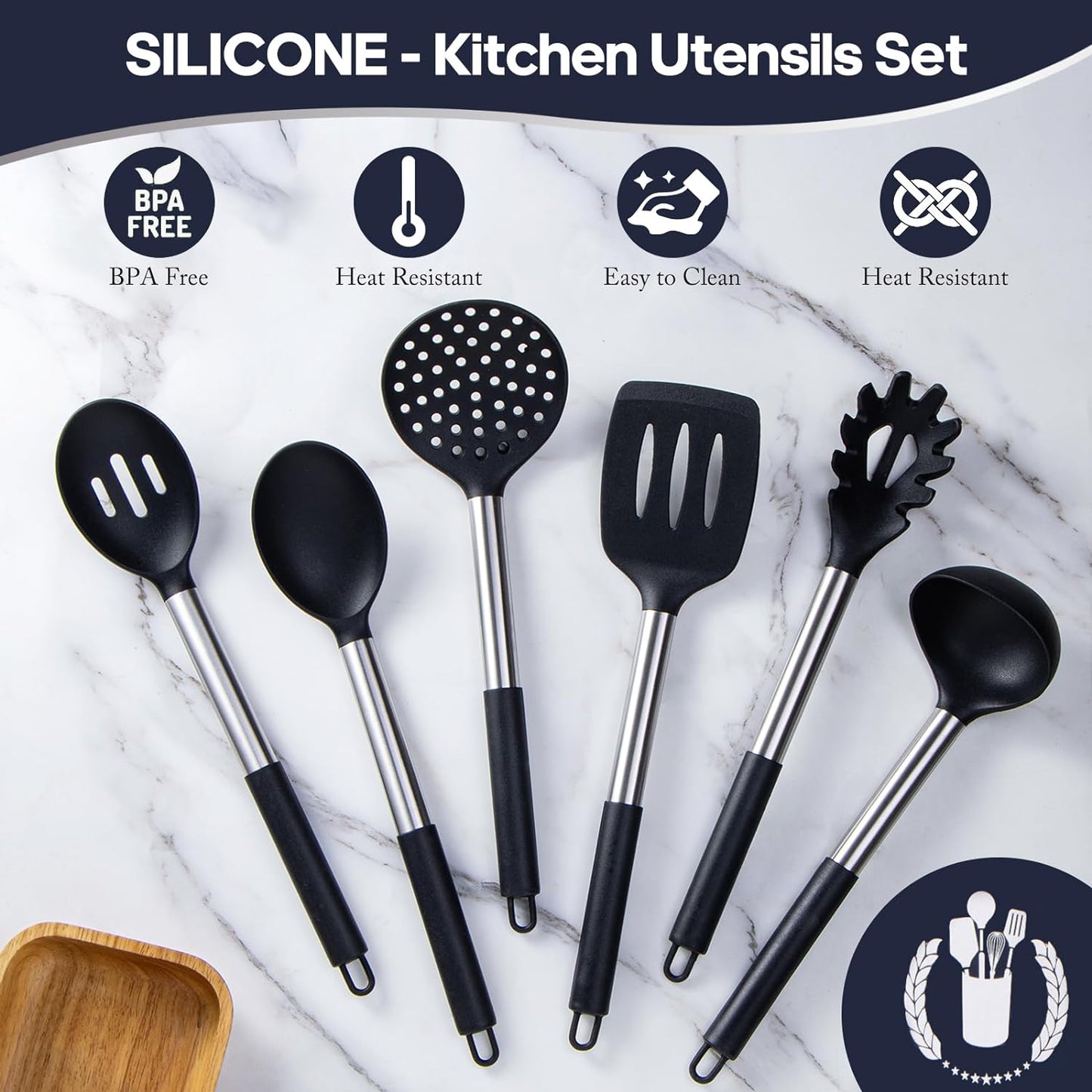 Silicone Kitchen Utensils Set - 6-Pieces Black Silicone Cooking Utensils Set for Nonstick Cookware - Stainless Steel Handle