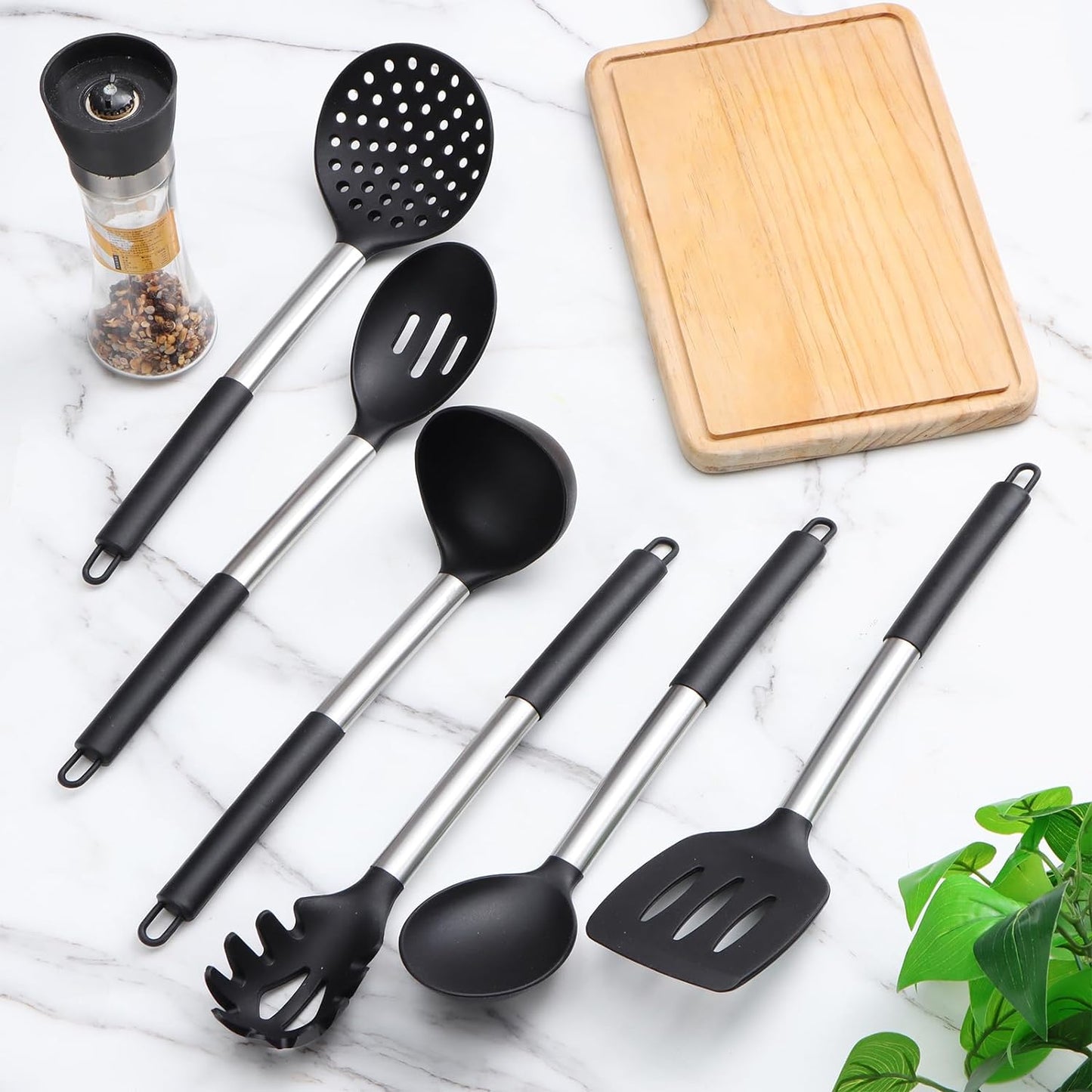 Silicone Kitchen Utensils Set - 6-Pieces Black Silicone Cooking Utensils Set for Nonstick Cookware - Stainless Steel Handle