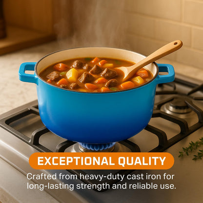 2-In-1 Enamel Cast Iron Dutch Oven with Handles - Crock Pot Caribbean Blue Cast Iron Pot with Skillet Lid - All-In-One Cookware Braising Pan for Casserole Dish - 5 Quart, Caribbean Blue