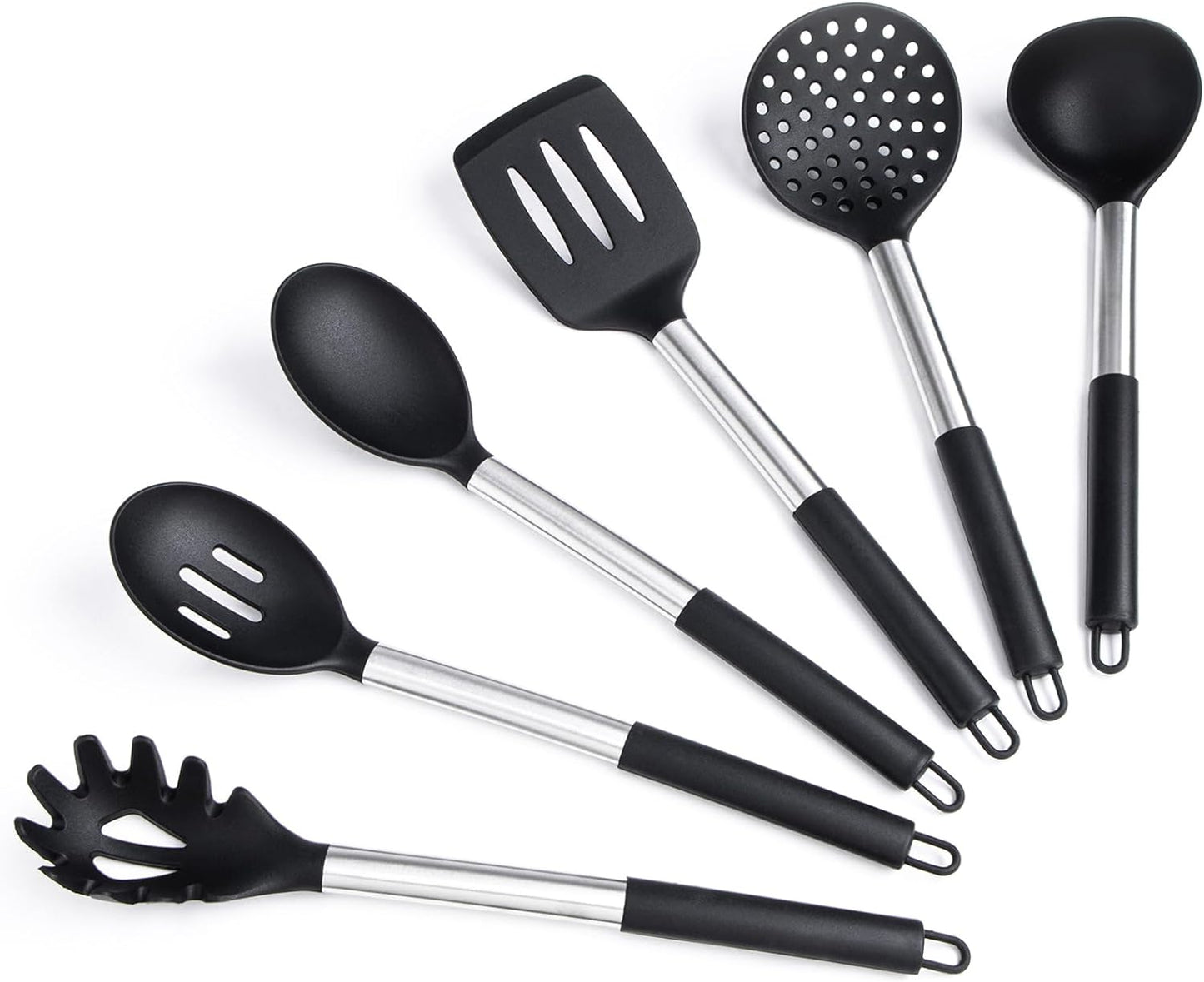 Silicone Kitchen Utensils Set -  6-Pieces Black Silicone Cooking Utensils Set for Nonstick Cookware - Stainless Steel Handle