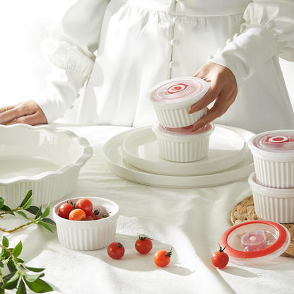6-Pack 8 Oz Porcelain Ramekins with Lids, White Souffle Dishes for Baking, Creme Brulee Cups, Oven-Friendly Pudding Custard Bowls – Versatile Kitchen Essentials for Baking and Storing
