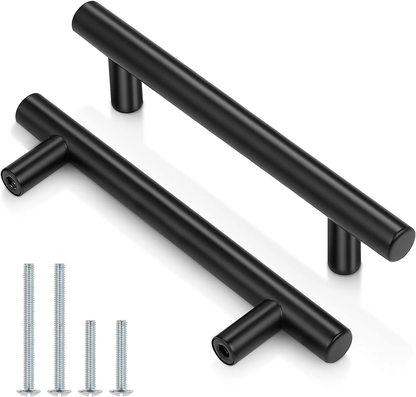 (25 Pack Flat Black Modern Kitchen Cabinet Pulls 3-3/4" Hole Centers Euro T Bar Stainless Steel Cupboard Dresser Handles