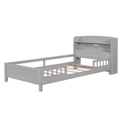 Wood Twin Size Platform Bed With Built-in LED Light, Storage Headboard And Guardrail, Antique Grey