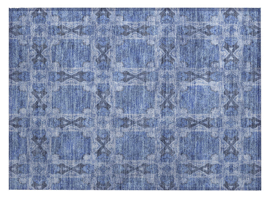 2' X 3' Denim Blue and Gray Floral Medallion Washable Non Skid Indoor Outdoor Area Rug