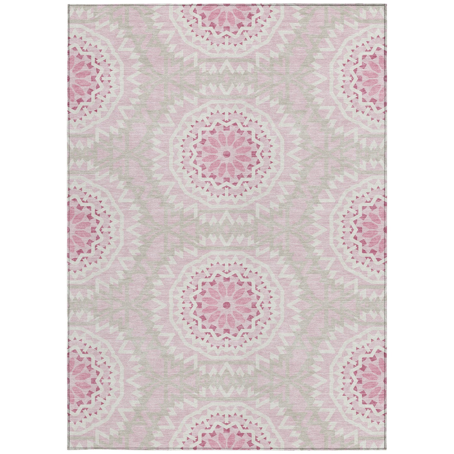 8' X 10' Pink Blush And Ivory Floral Medallion Washable Indoor Outdoor Area Rug