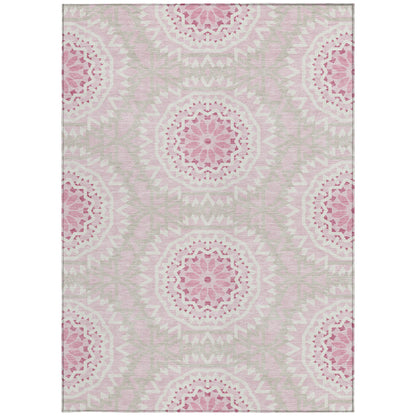 8' X 10' Pink Blush And Ivory Floral Medallion Washable Indoor Outdoor Area Rug