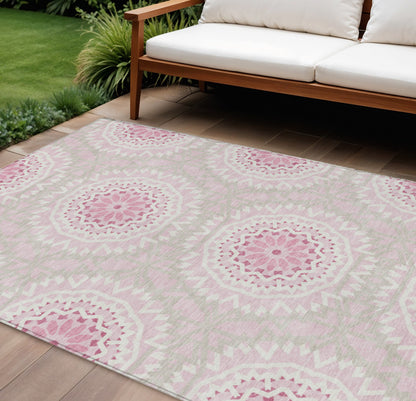 8' X 10' Pink Blush And Ivory Floral Medallion Washable Indoor Outdoor Area Rug
