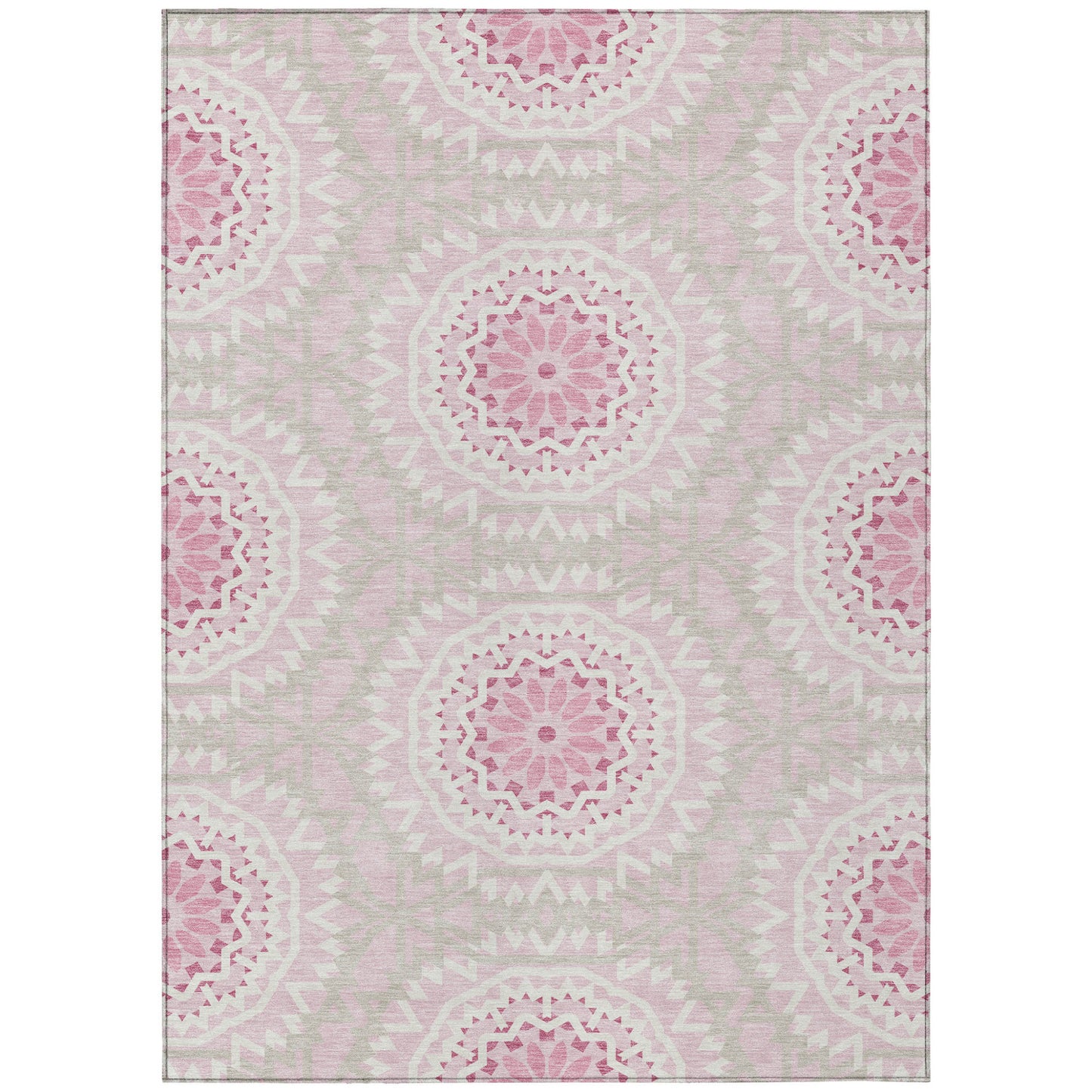 8' X 10' Pink Blush And Ivory Floral Medallion Washable Indoor Outdoor Area Rug