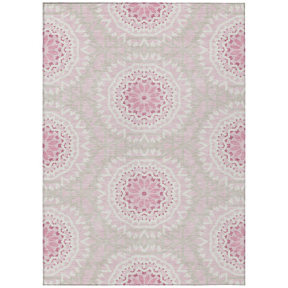 8' X 10' Pink Blush And Ivory Floral Medallion Washable Indoor Outdoor Area Rug