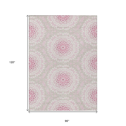 8' X 10' Pink Blush And Ivory Floral Medallion Washable Indoor Outdoor Area Rug