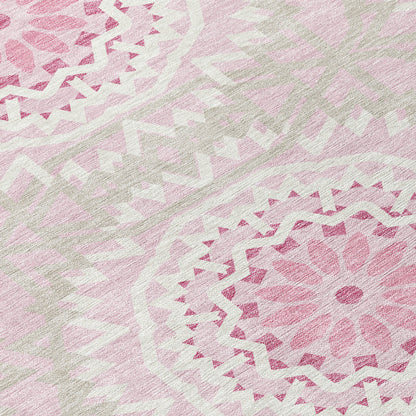 8' X 10' Pink Blush And Ivory Floral Medallion Washable Indoor Outdoor Area Rug
