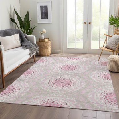8' X 10' Pink Blush And Ivory Floral Medallion Washable Indoor Outdoor Area Rug