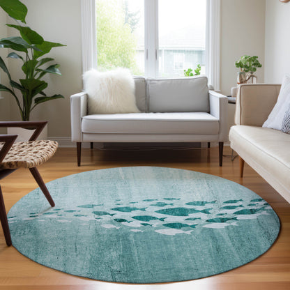 8' Teal Blue Aqua And Ivory Round Nautical Washable Indoor Outdoor Area Rug