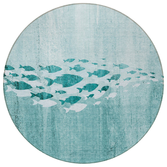 8' Teal Blue Aqua And Ivory Round Nautical Washable Indoor Outdoor Area Rug