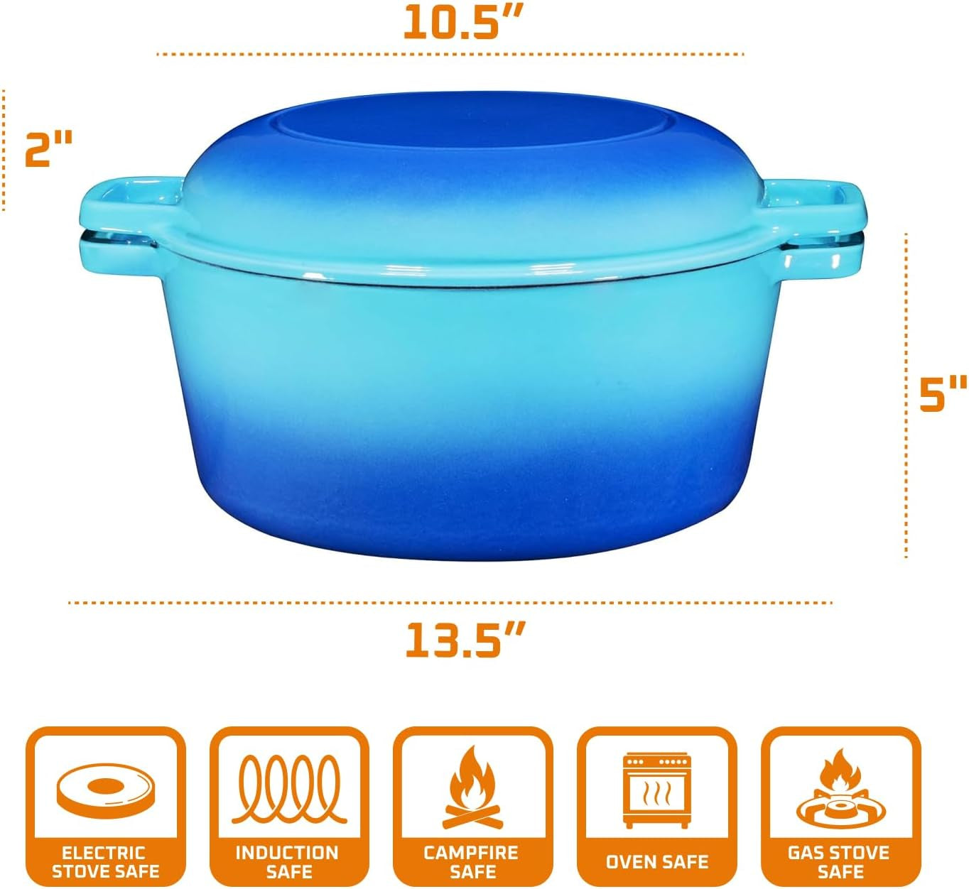 2-In-1 Enamel Cast Iron Dutch Oven with Handles - Crock Pot Caribbean Blue Cast Iron Pot with Skillet Lid - All-In-One Cookware Braising Pan for Casserole Dish - 5 Quart, Caribbean Blue