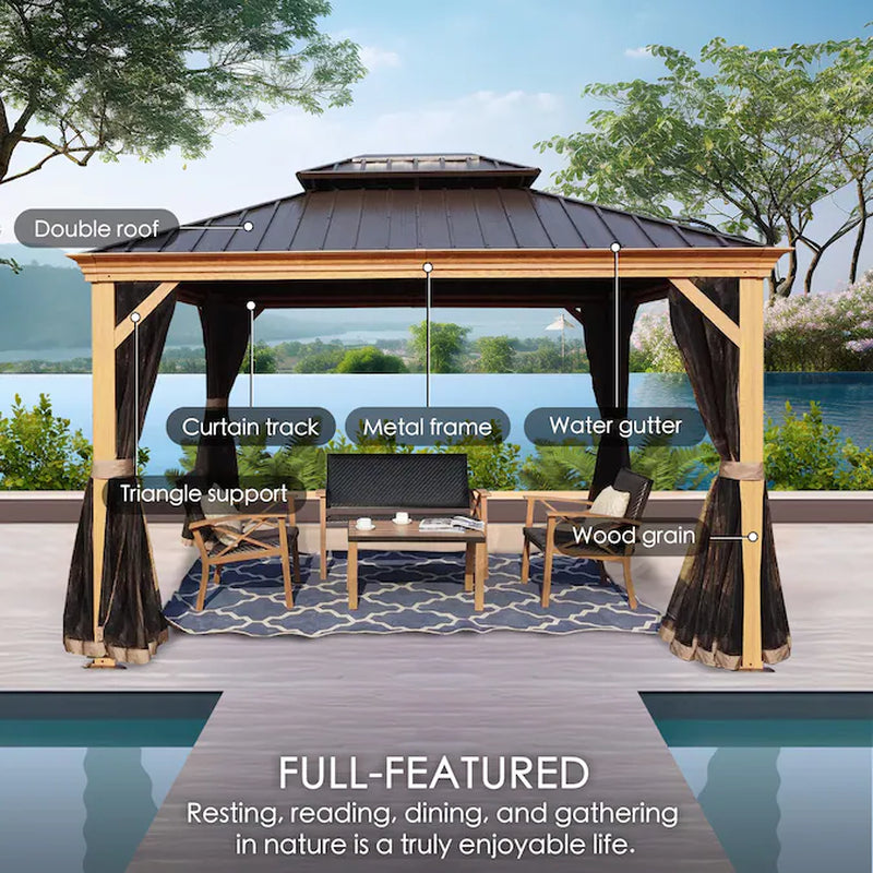 12-Ft X 16 Gazebo Brown Gazebo with Hardtop Roof (Screen Included)