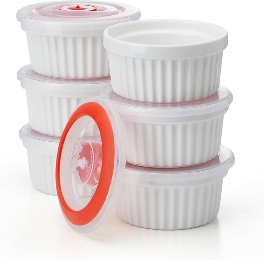 6-Pack 8 Oz Porcelain Ramekins with Lids, White Souffle Dishes for Baking, Creme Brulee Cups, Oven-Friendly Pudding Custard Bowls – Versatile Kitchen Essentials for Baking and Storing