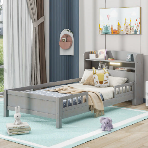 Wood Twin Size Platform Bed With Built-in LED Light, Storage Headboard And Guardrail, Antique Grey