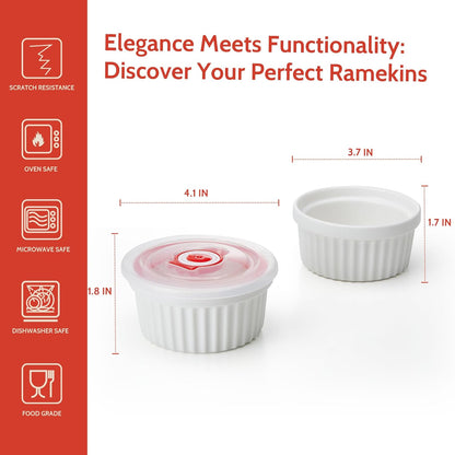 6-Pack 8 Oz Porcelain Ramekins with Lids, White Souffle Dishes for Baking, Creme Brulee Cups, Oven-Friendly Pudding Custard Bowls – Versatile Kitchen Essentials for Baking and Storing