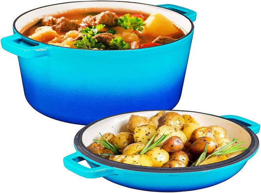 2-In-1 Enamel Cast Iron Dutch Oven with Handles - Crock Pot Caribbean Blue Cast Iron Pot with Skillet Lid - All-In-One Cookware Braising Pan for Casserole Dish - 5 Quart, Caribbean Blue