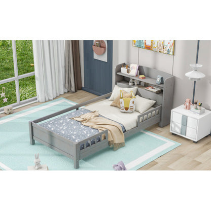 Wood Twin Size Platform Bed With Built-in LED Light, Storage Headboard And Guardrail, Antique Grey