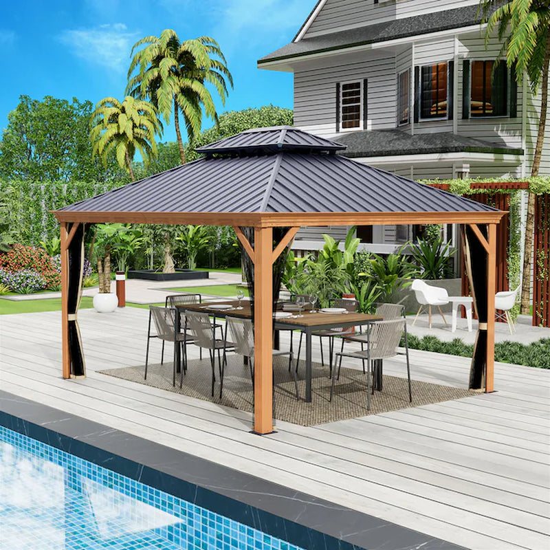 12-Ft X 16 Gazebo Brown Gazebo with Hardtop Roof (Screen Included)