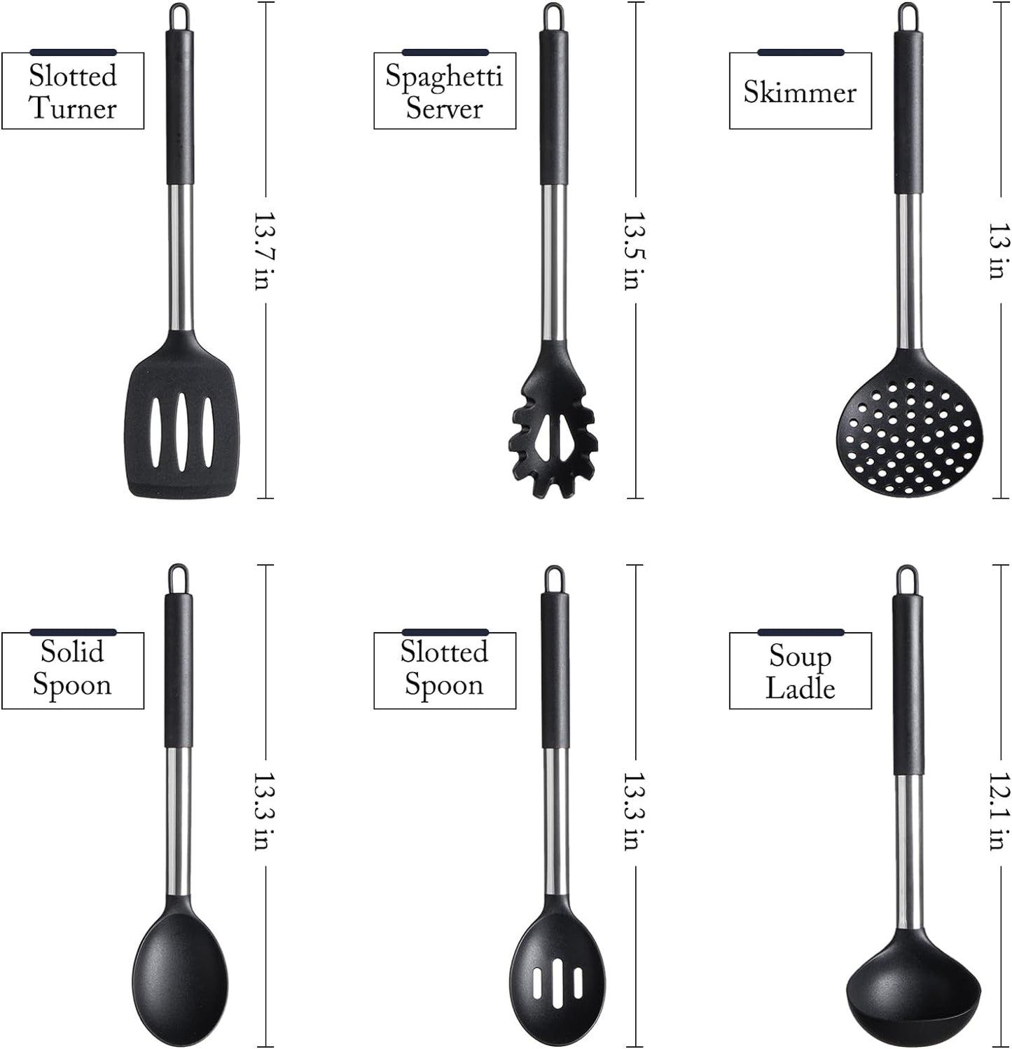Silicone Kitchen Utensils Set -  6-Pieces Black Silicone Cooking Utensils Set for Nonstick Cookware - Stainless Steel Handle