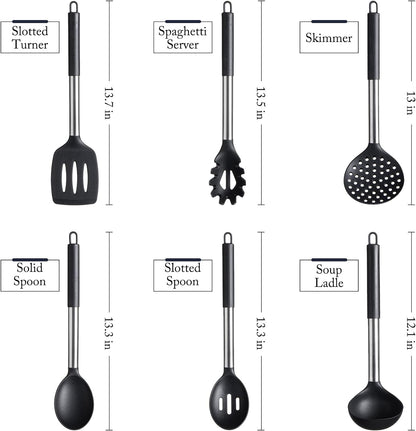 Silicone Kitchen Utensils Set -  6-Pieces Black Silicone Cooking Utensils Set for Nonstick Cookware - Stainless Steel Handle
